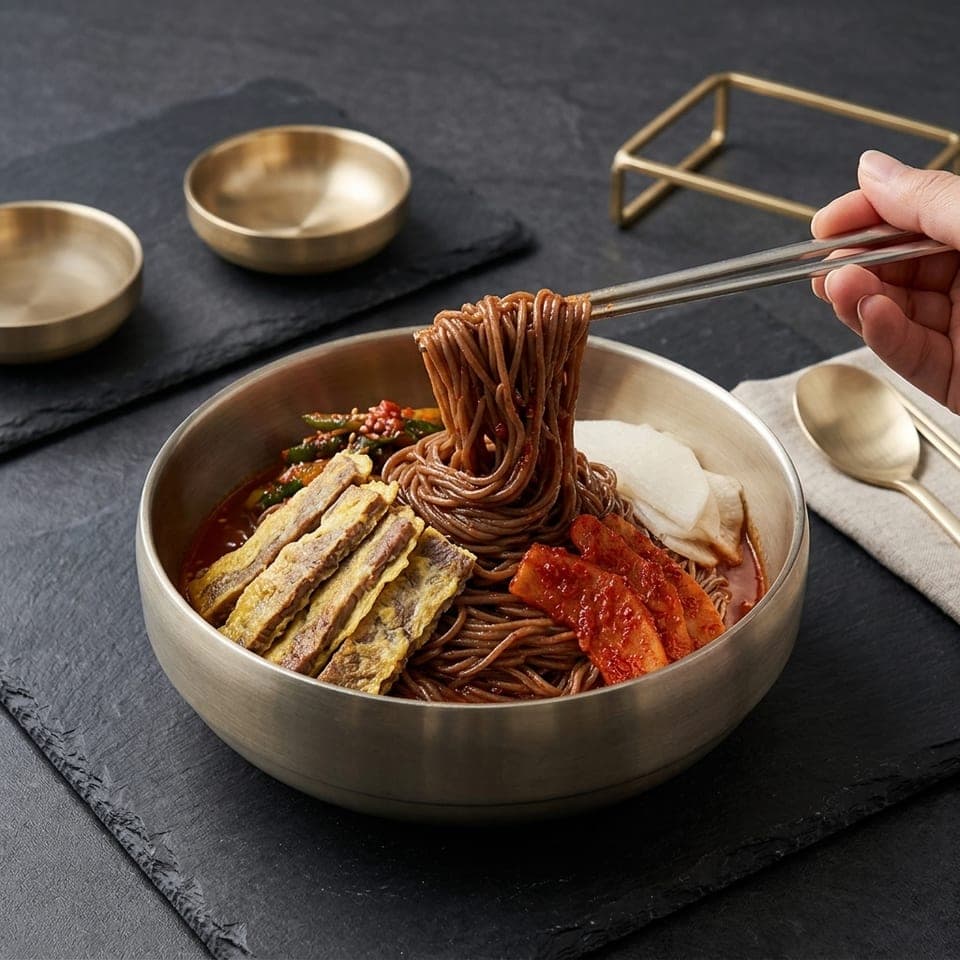 얼치기 비빔냉면을 젓가락으로 들어 올리는 모습