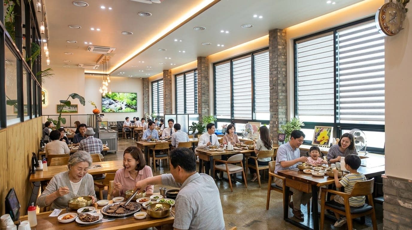 가족 단위 손님들로 가득 찬 얼치기의 넓은 홀