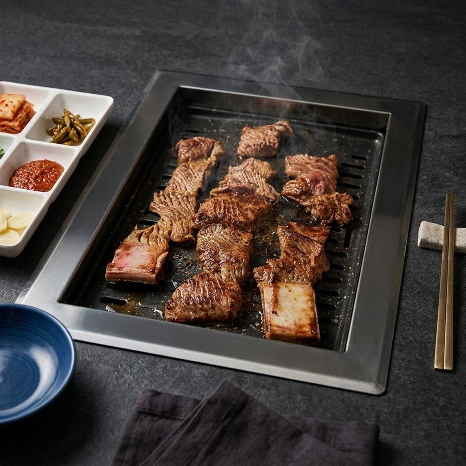 얼치기 테이블 그릴에서 구워지는 소양념갈비