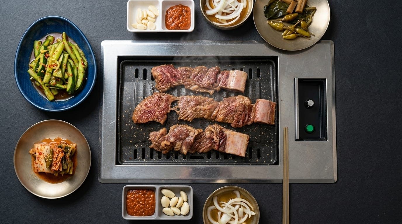 얼치기 소양념갈비 상차림 전경, 갈비와 밑반찬이 함께 차려진 테이블