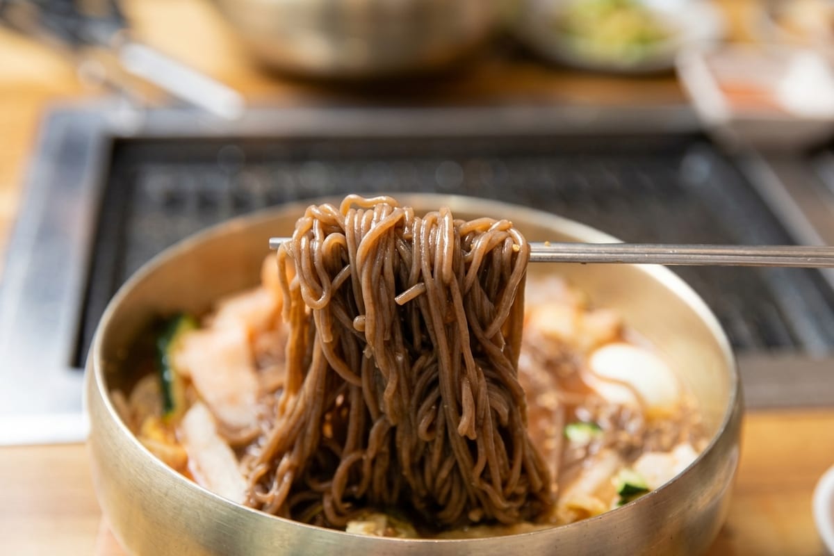 진주 얼치기 진주 물냉면 메밀순면을 드는 모습, 진주 냉면 맛집 웨이팅·주차 안내 2번째 컷